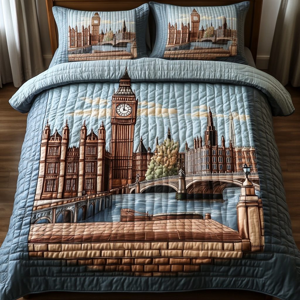 London Charm quilted 3-piece bedding set on a made bed with two matching pillow shams