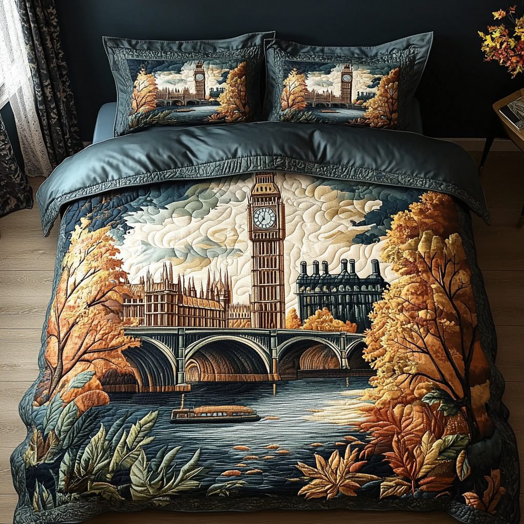 London Sunset quilted 3-piece bedding set on a made bed with two matching pillow shams