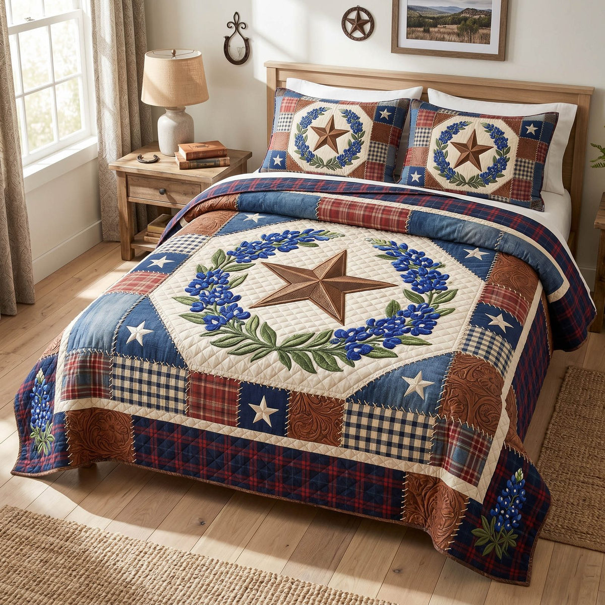Lone Bloom quilted 3-piece bedding set on a made bed with two matching pillow shams