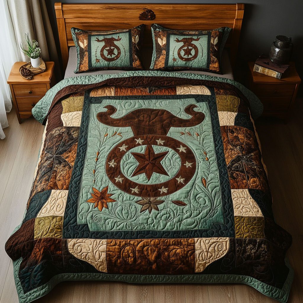 Lone Buffalo quilted 3-piece bedding set on a made bed in a rustic timber bedroom