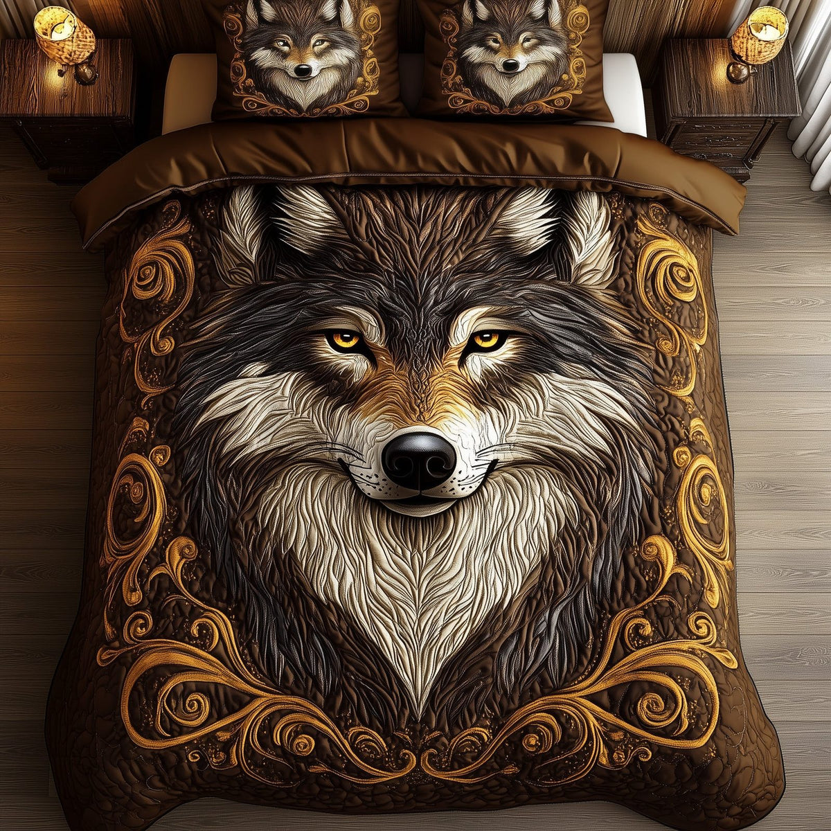Lone Guardian quilted 3-piece bedding set on a made bed with two matching pillow shams