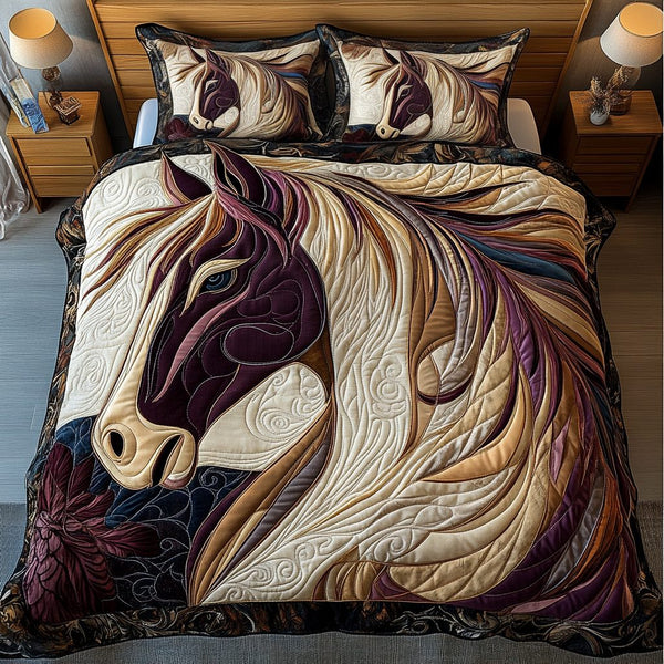 Lone Horse quilted 3-piece bedding set on a made bed in a rustic timber bedroom