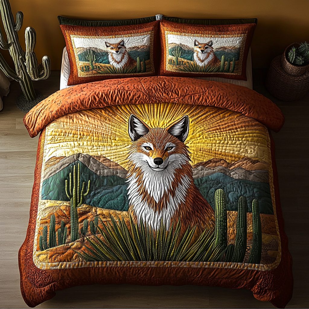 Lone Howl quilted 3-piece bedding set on a made bed with two matching pillow shams