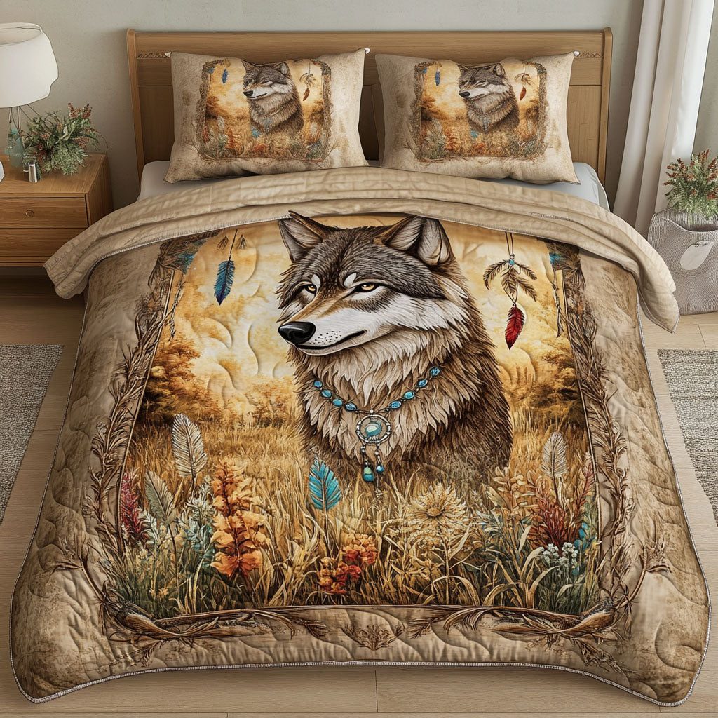 Lone Howl quilted 3-piece bedding set on a made bed with two matching pillow shams