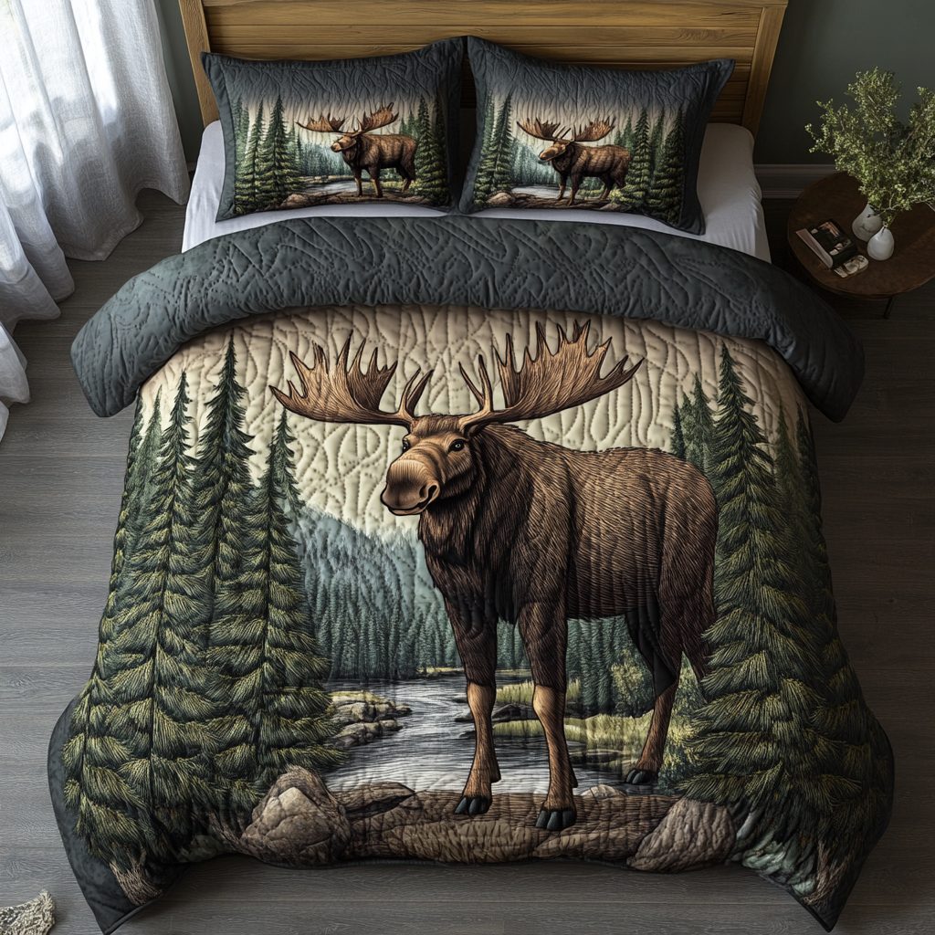 Lone Moose quilted 3-piece bedding set on a made bed with two matching pillow shams