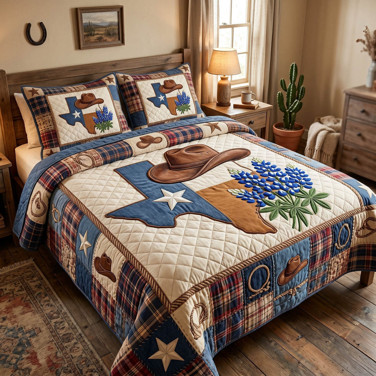 Lone Prairie quilted 3-piece bedding set on a made bed in a rustic timber bedroom