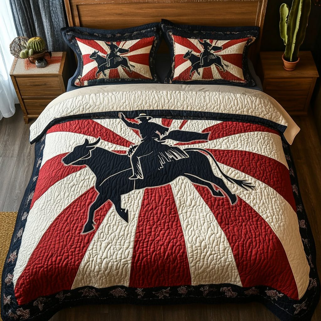Lone Rider quilted 3-piece bedding set on a made bed with two matching pillow shams