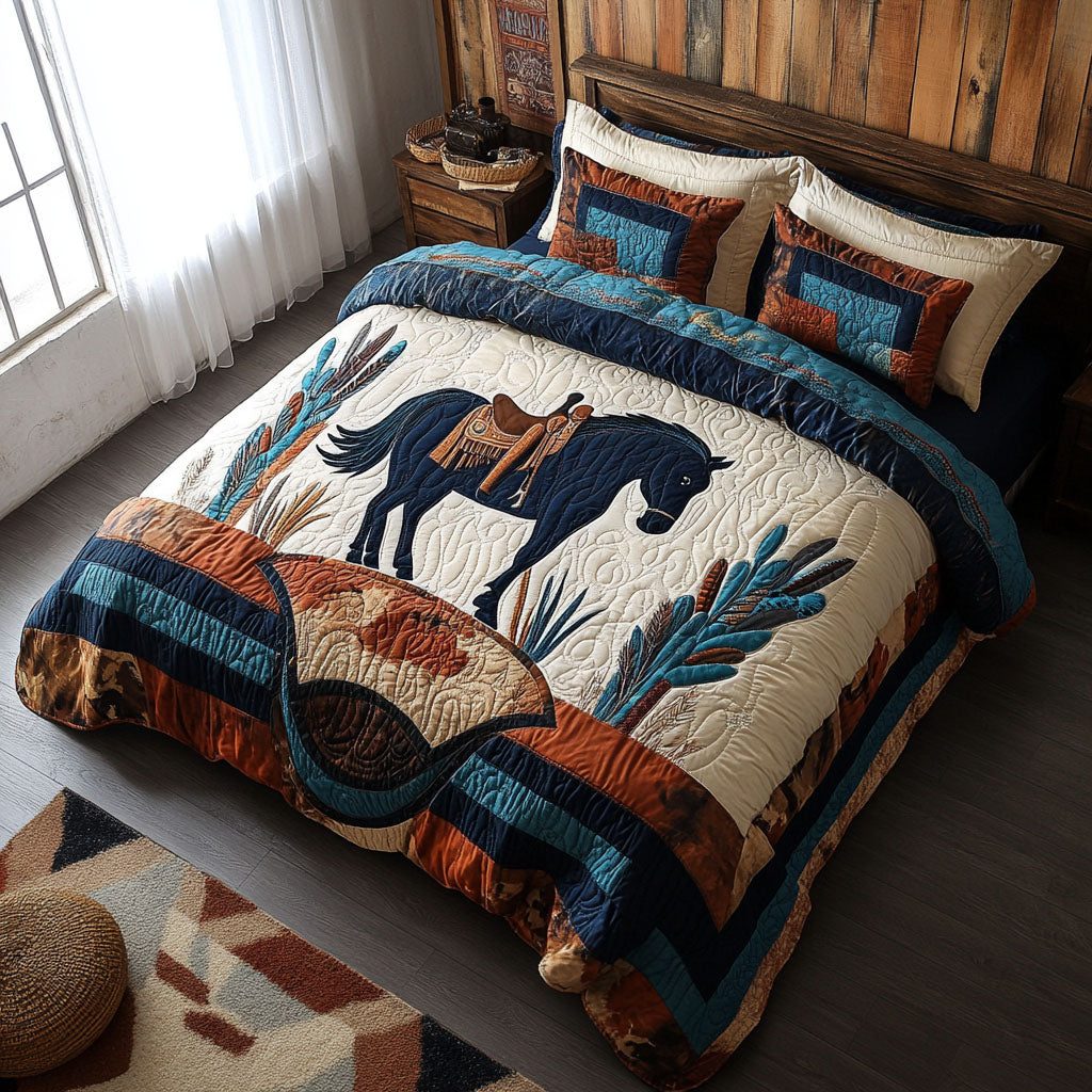 Lone Rider quilted 3-piece bedding set on a made bed with two matching pillow shams
