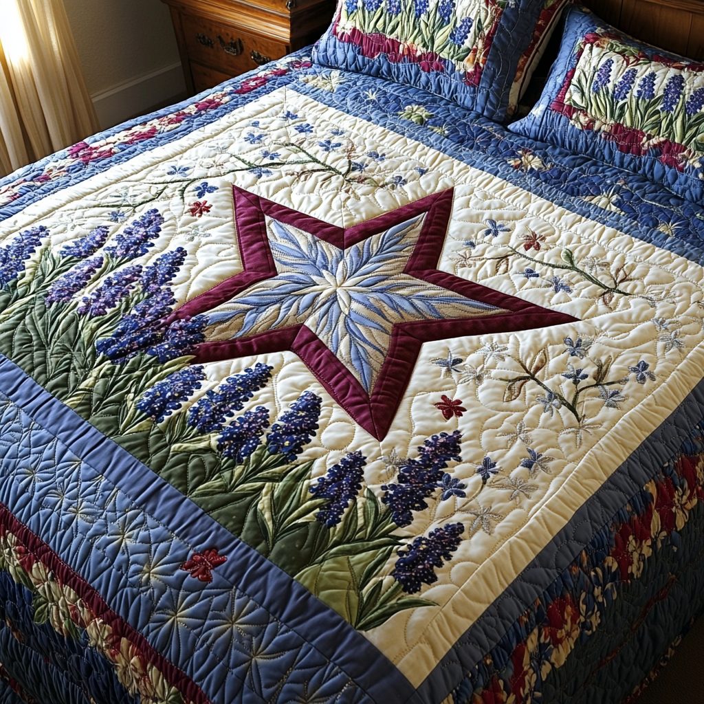 Lone Shine quilted 3-piece bedding set on a made bed with two matching pillow shams