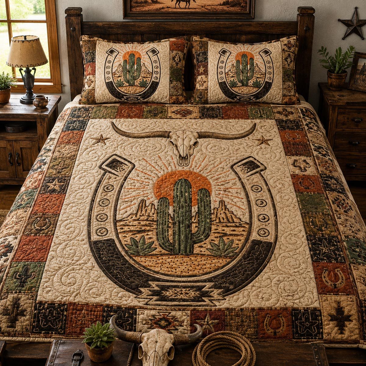 Lone Spur Horizon quilted 3-piece bedding set on a made bed in a rustic timber bedroom