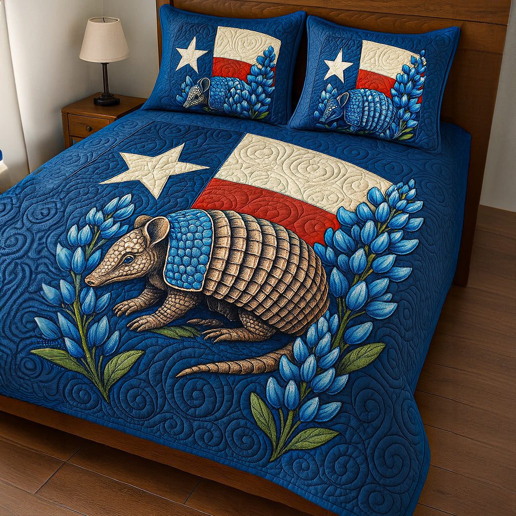 Lone Star Armadillo quilted 3-piece bedding set on a made bed with two matching pillow shams