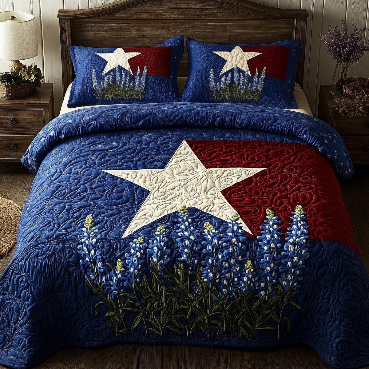 Lone Star Blossoms quilted 3-piece bedding set on a made bed with two matching pillow shams