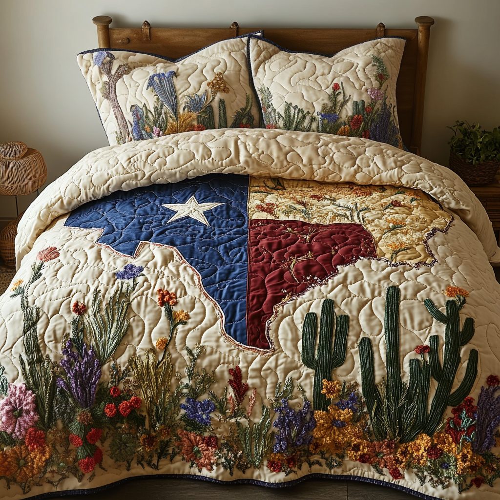Lone Star Glory quilted 3-piece bedding set on a made bed with two matching pillow shams