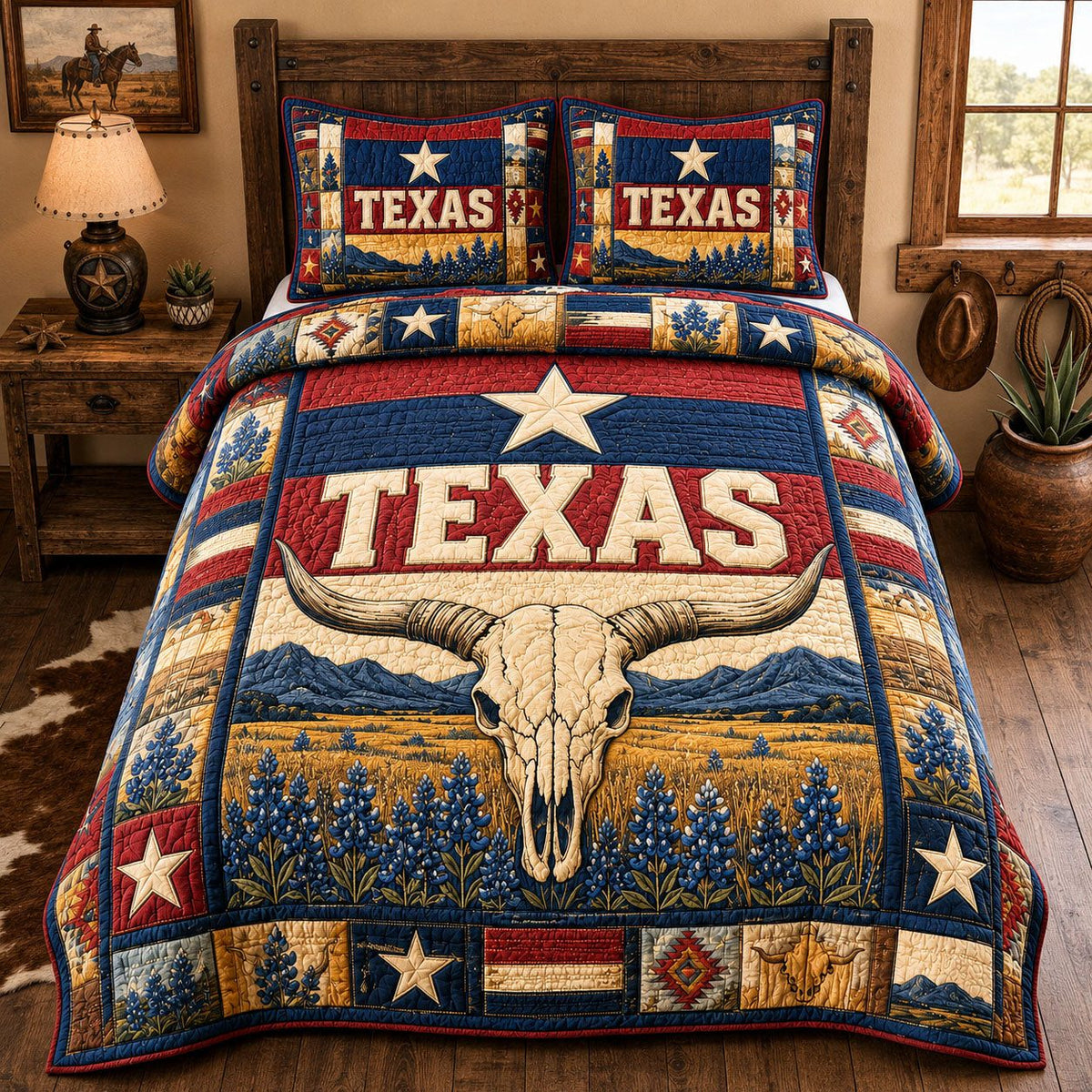 Lone Star Longhorn quilted 3-piece bedding set on a made bed in a rustic timber bedroom