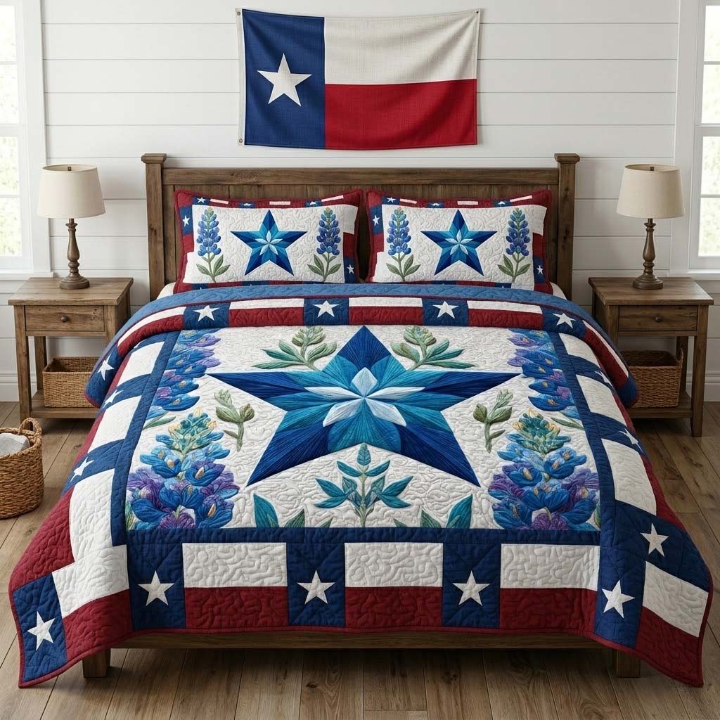 Lone Star Patchwork quilted 3-piece bedding set on a made bed in a farmhouse bedroom