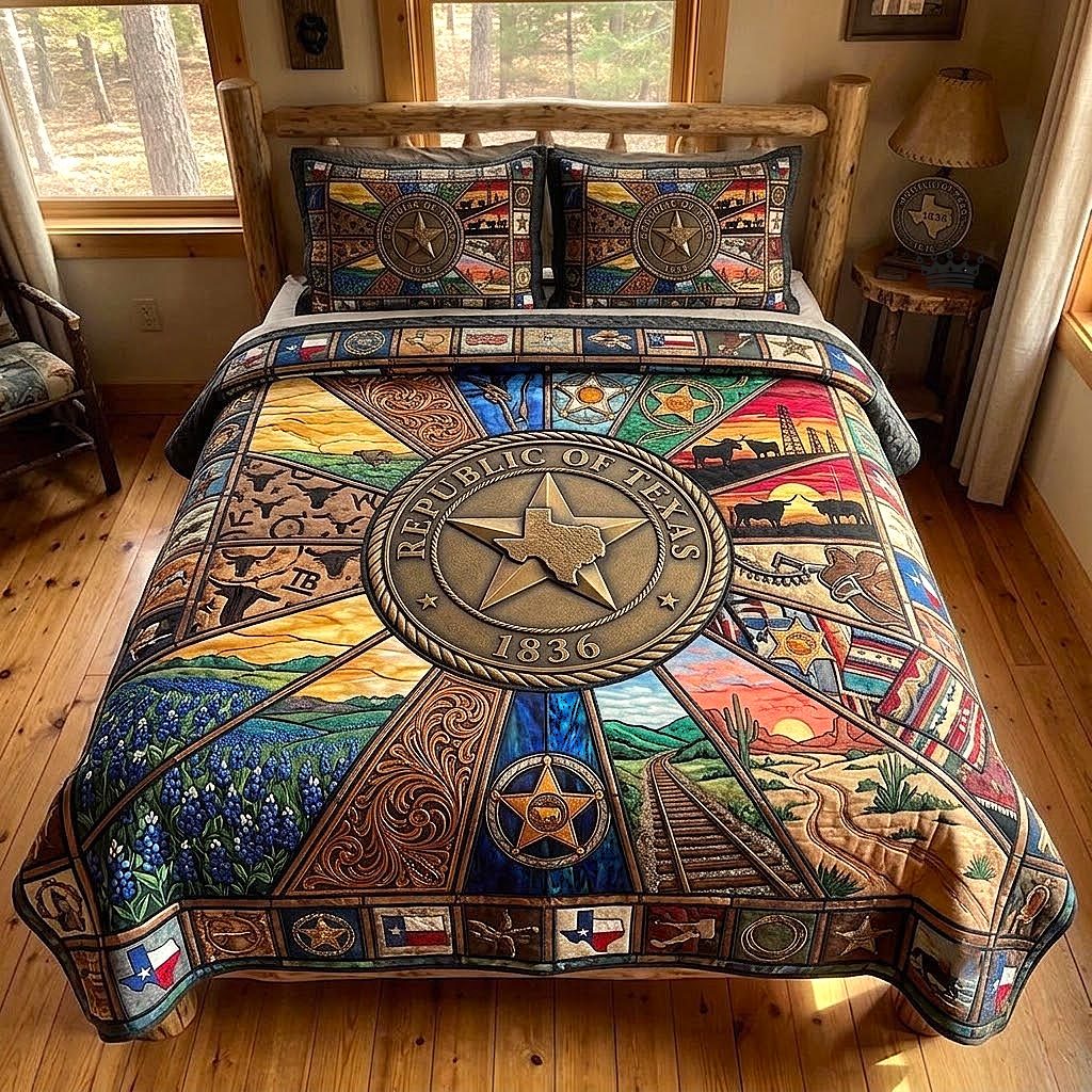 Lone Star quilted 3-piece bedding set on a made bed with two matching pillow shams