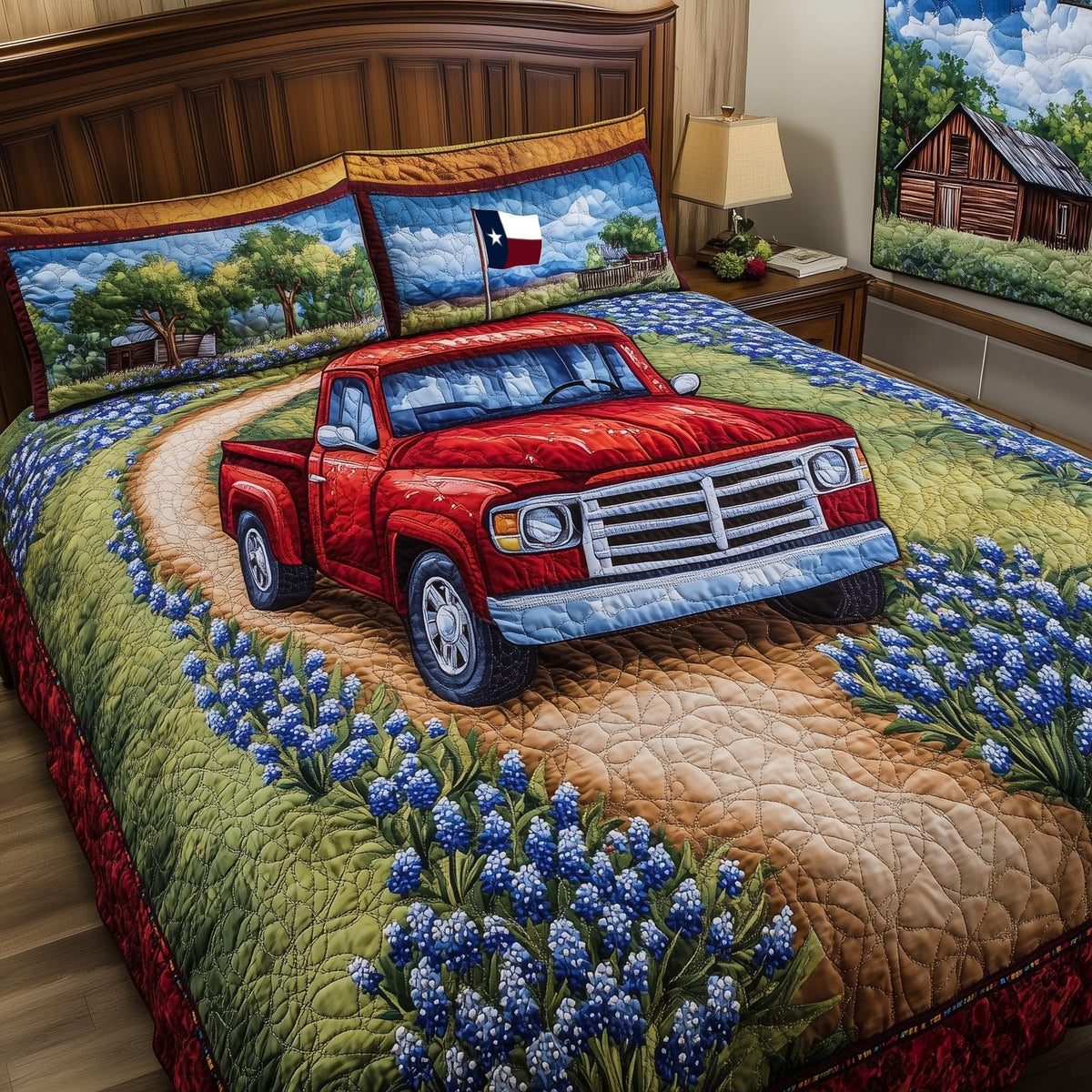 Lone Star quilted 3-piece bedding set on a made bed with two matching pillow shams