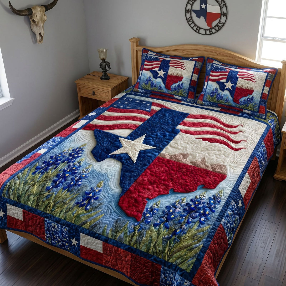 Lone Star quilted 3-piece bedding set on a made bed with two matching pillow shams