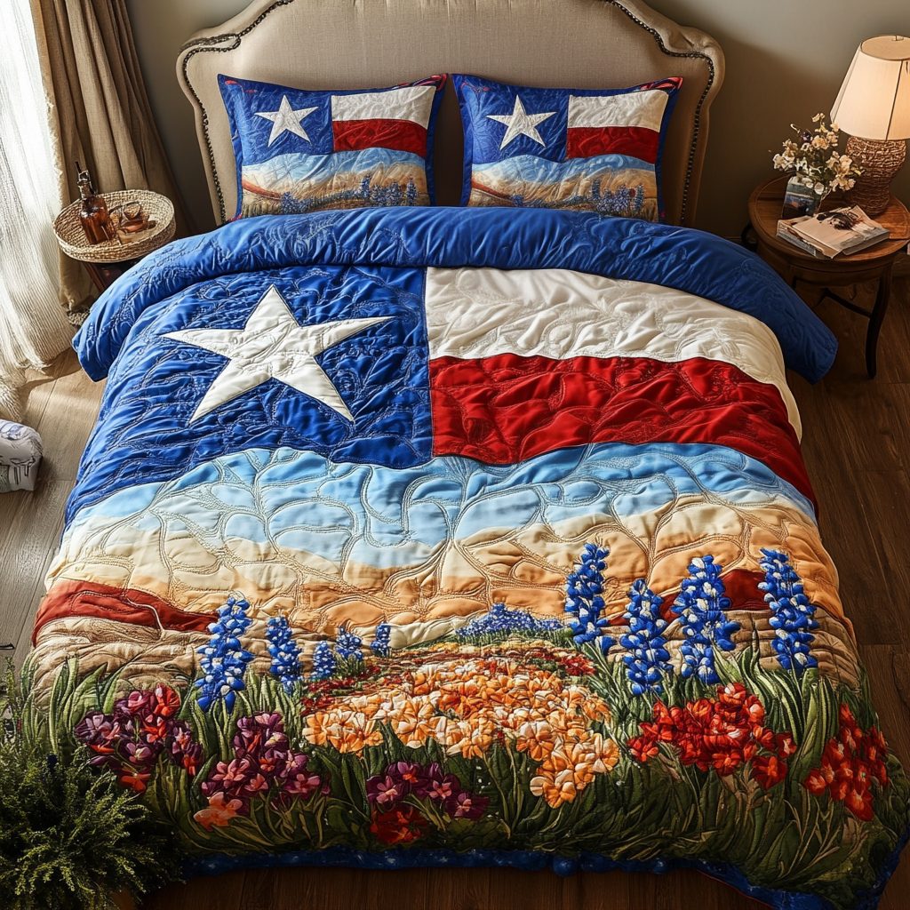 Lone Star quilted 3-piece bedding set on a made bed with two matching pillow shams