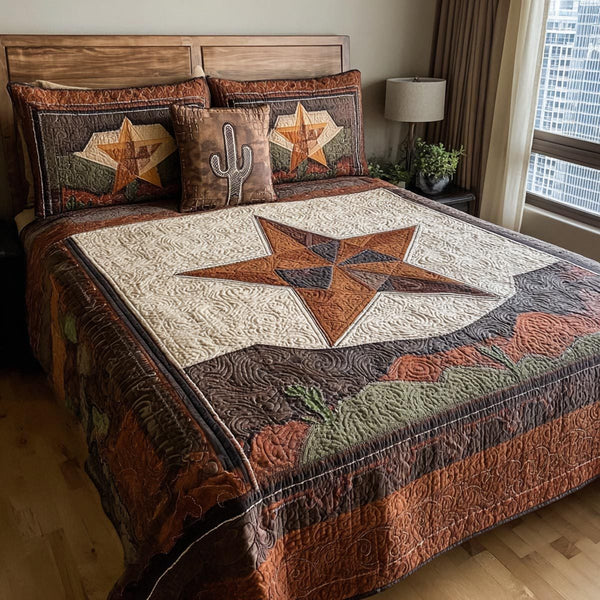 Lone Star Ranch quilted 3-piece bedding set on a made bed in a rustic timber bedroom