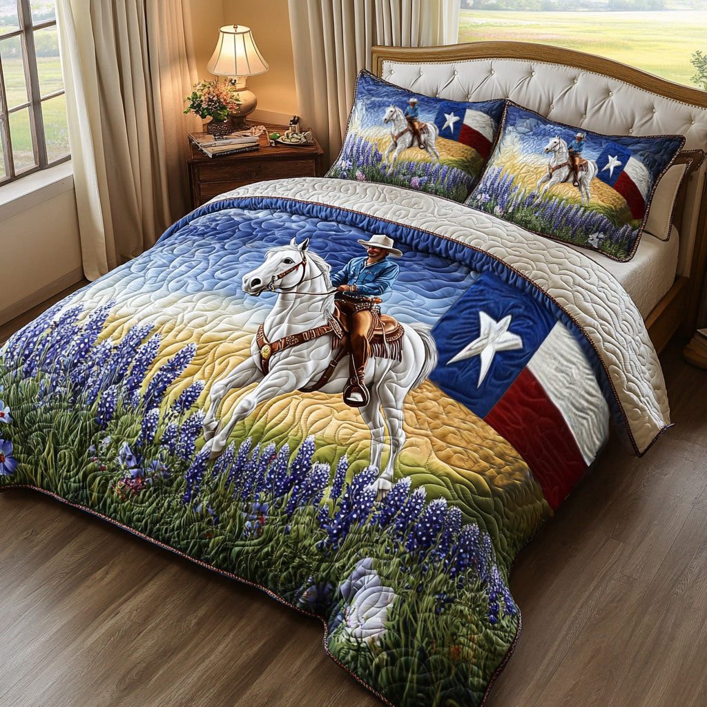 Lone Star Rider quilted 3-piece bedding set on a made bed with two matching pillow shams