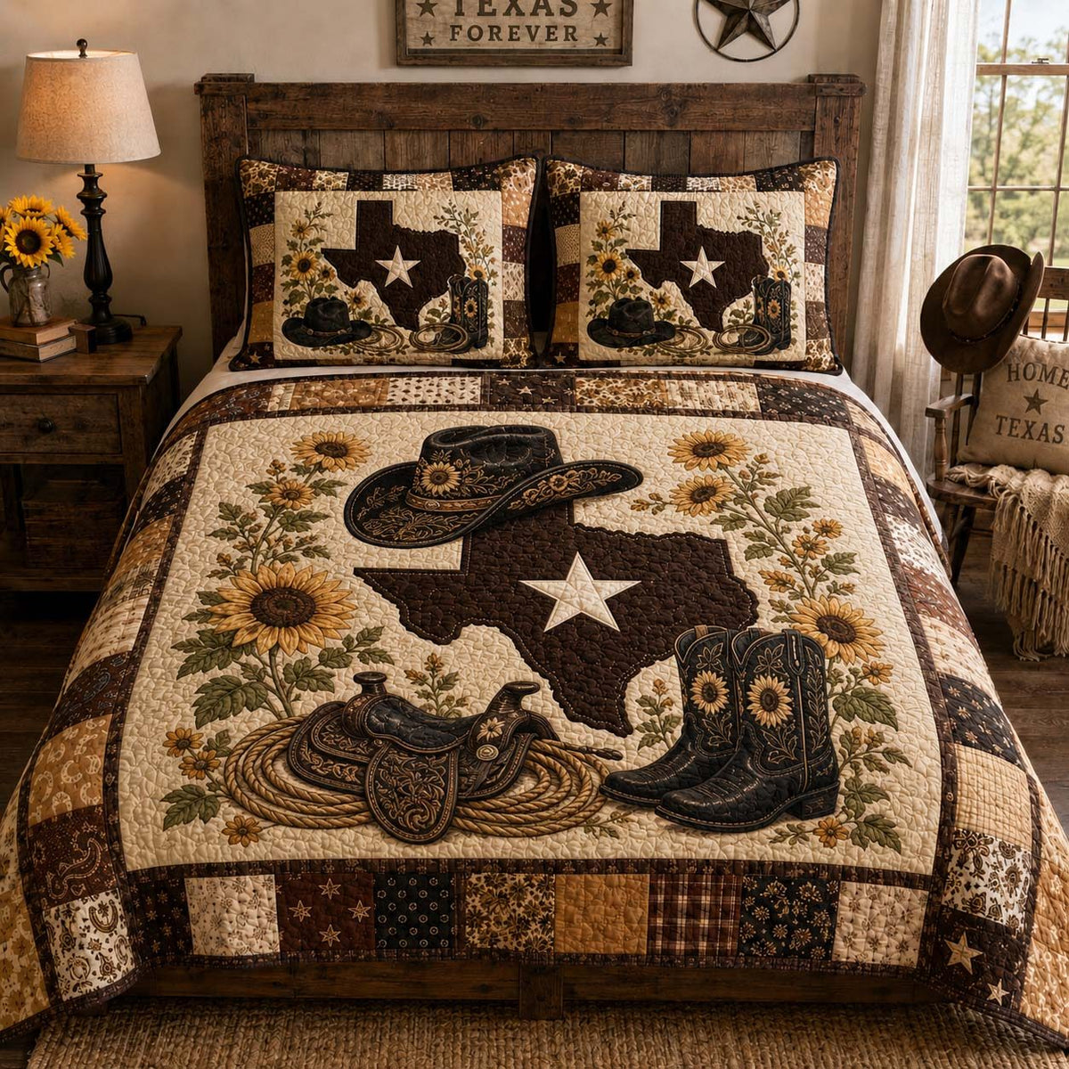 Lone Star Saddle quilted 3-piece bedding set on a made bed in a rustic timber bedroom