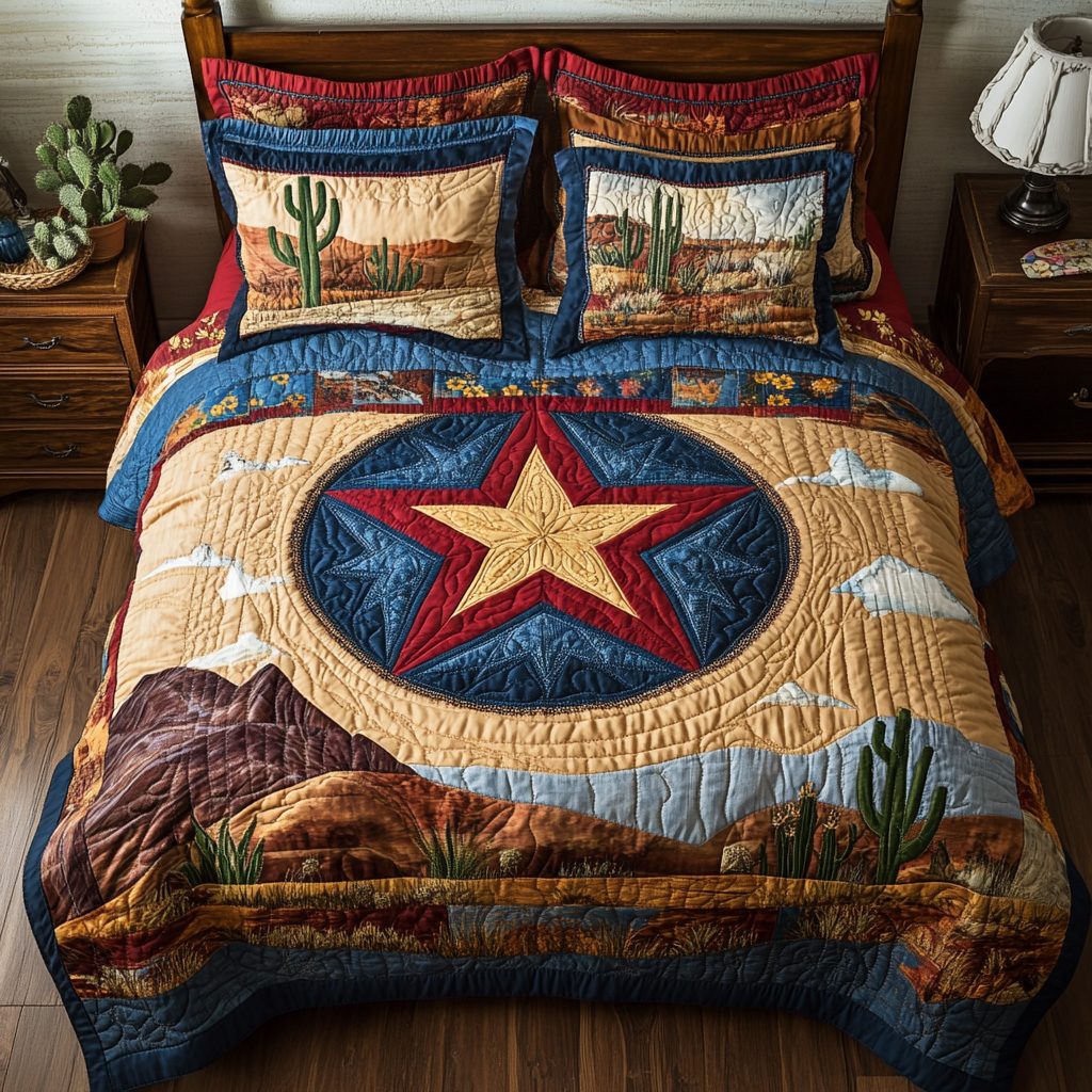 Lone Star Shine quilted 3-piece bedding set on a made bed with two matching pillow shams