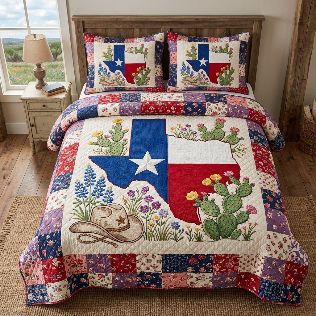 Lone Star State quilted 3-piece bedding set on a made bed with two matching pillow shams