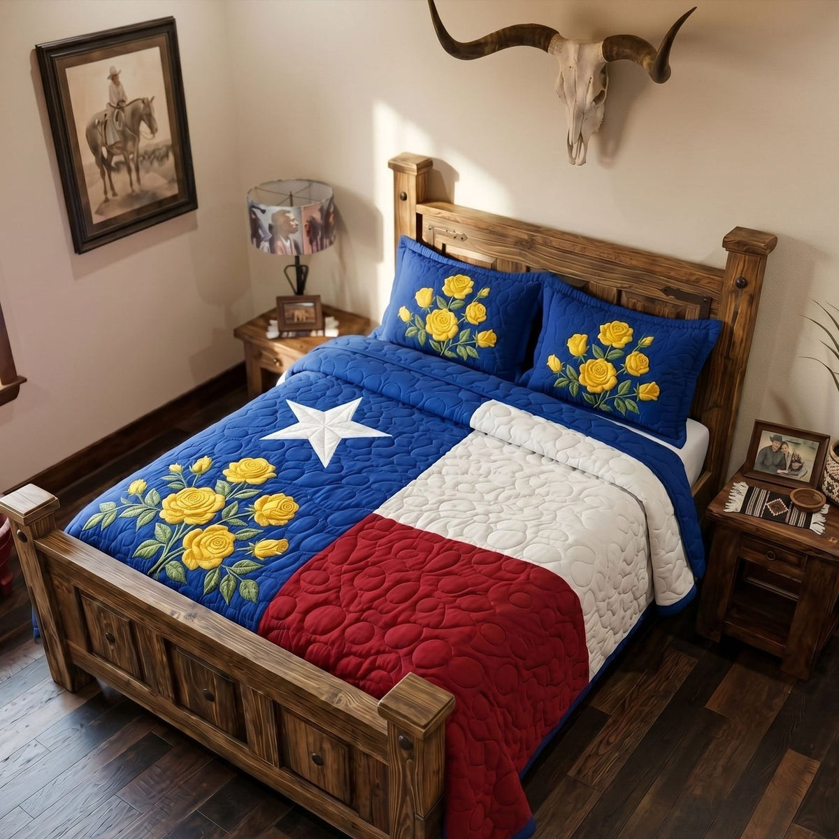 Lone State quilted 3-piece bedding set on a made bed with two matching pillow shams
