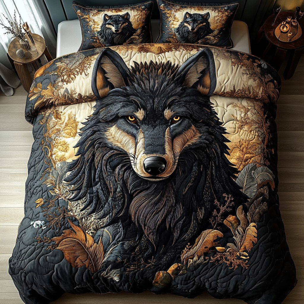 Lone Wanderer quilted 3-piece bedding set on a made bed with two matching pillow shams