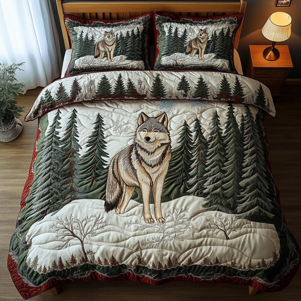 Lone Wolf quilted 3-piece bedding set on a made bed with two matching pillow shams