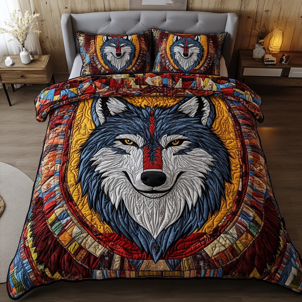 Lone Wolf quilted 3-piece bedding set on a made bed with two matching pillow shams