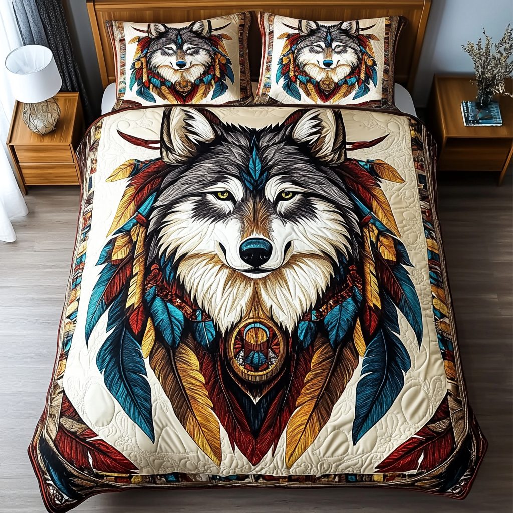 Lone Wolf quilted 3-piece bedding set on a made bed with two matching pillow shams