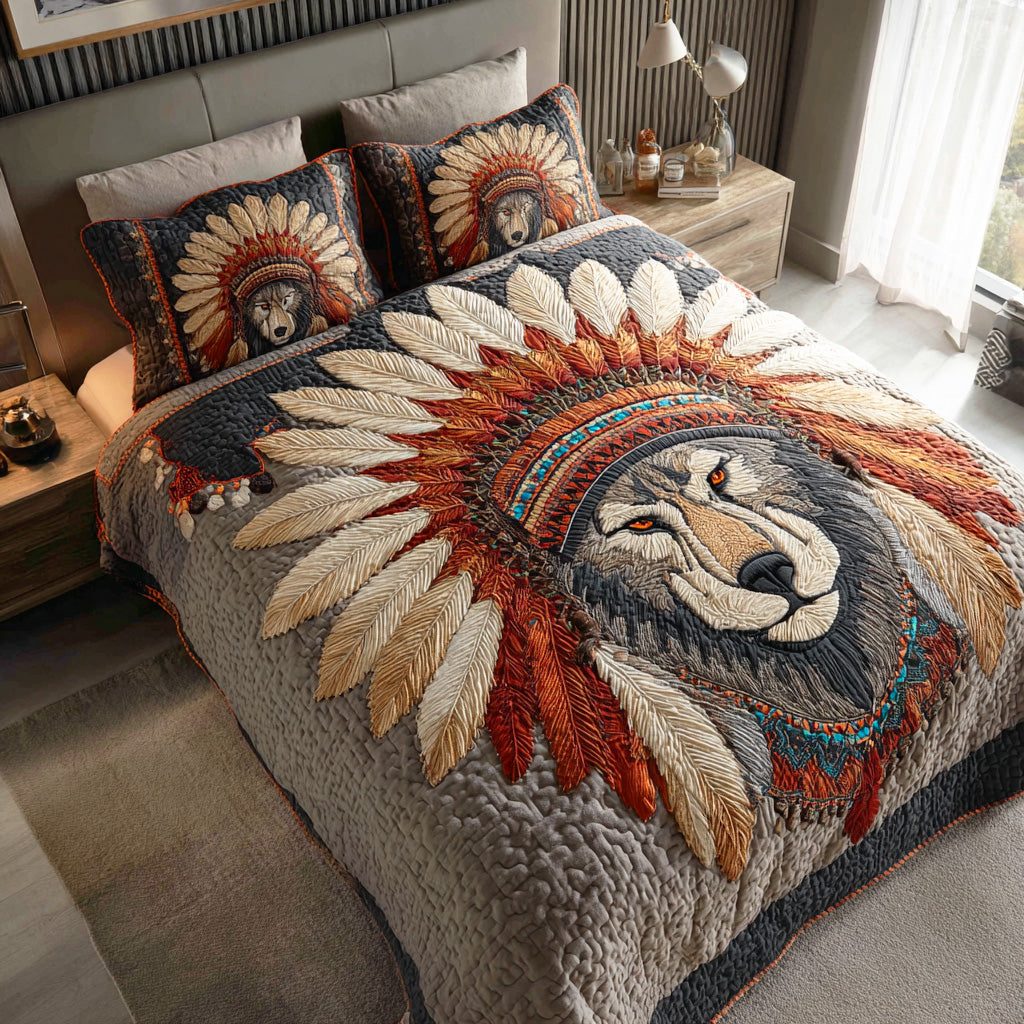 Lone Wolf Spirit quilted 3-piece bedding set on a made bed with two matching pillow shams