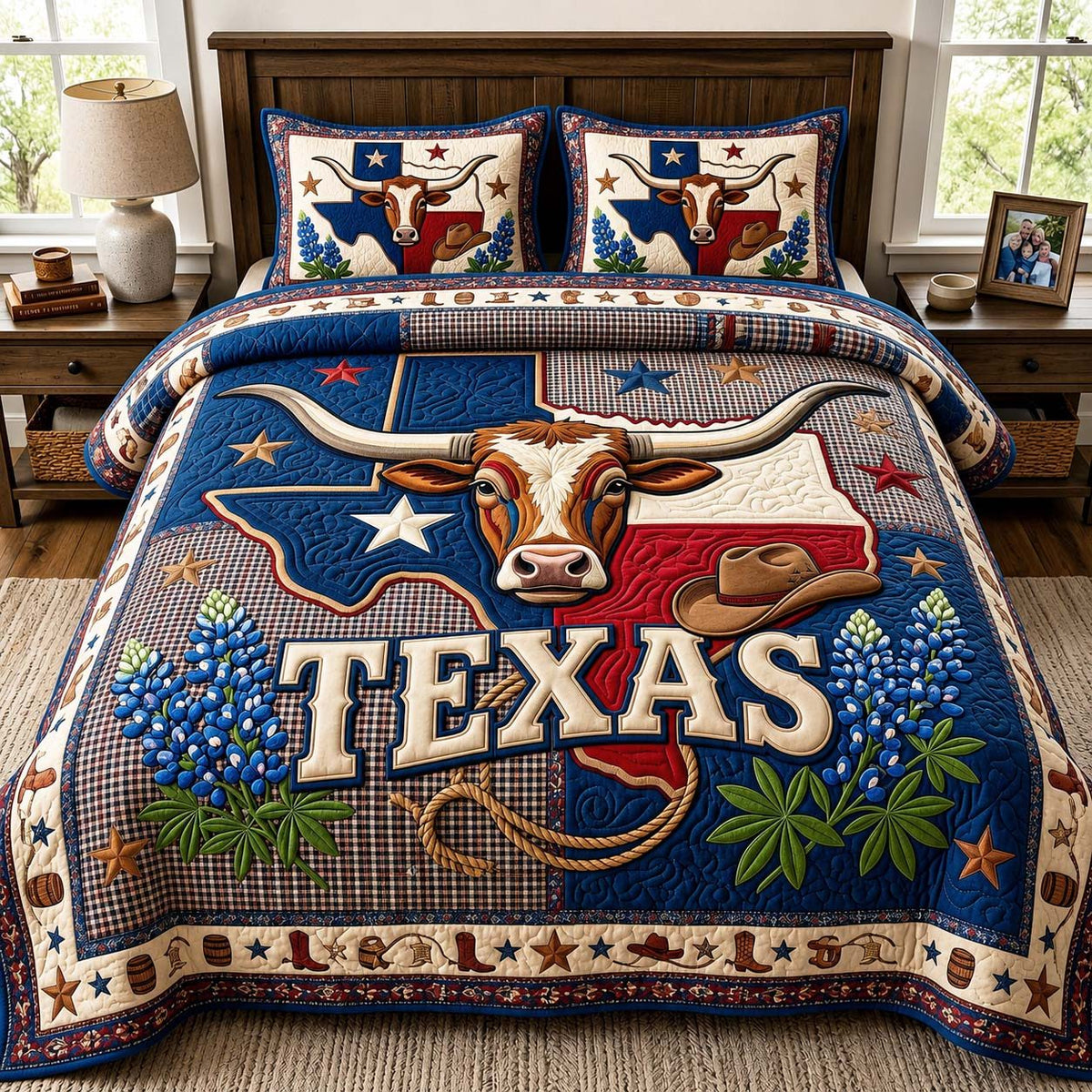 Longhorn Bloom quilted 3-piece bedding set on a made bed in a rustic timber bedroom