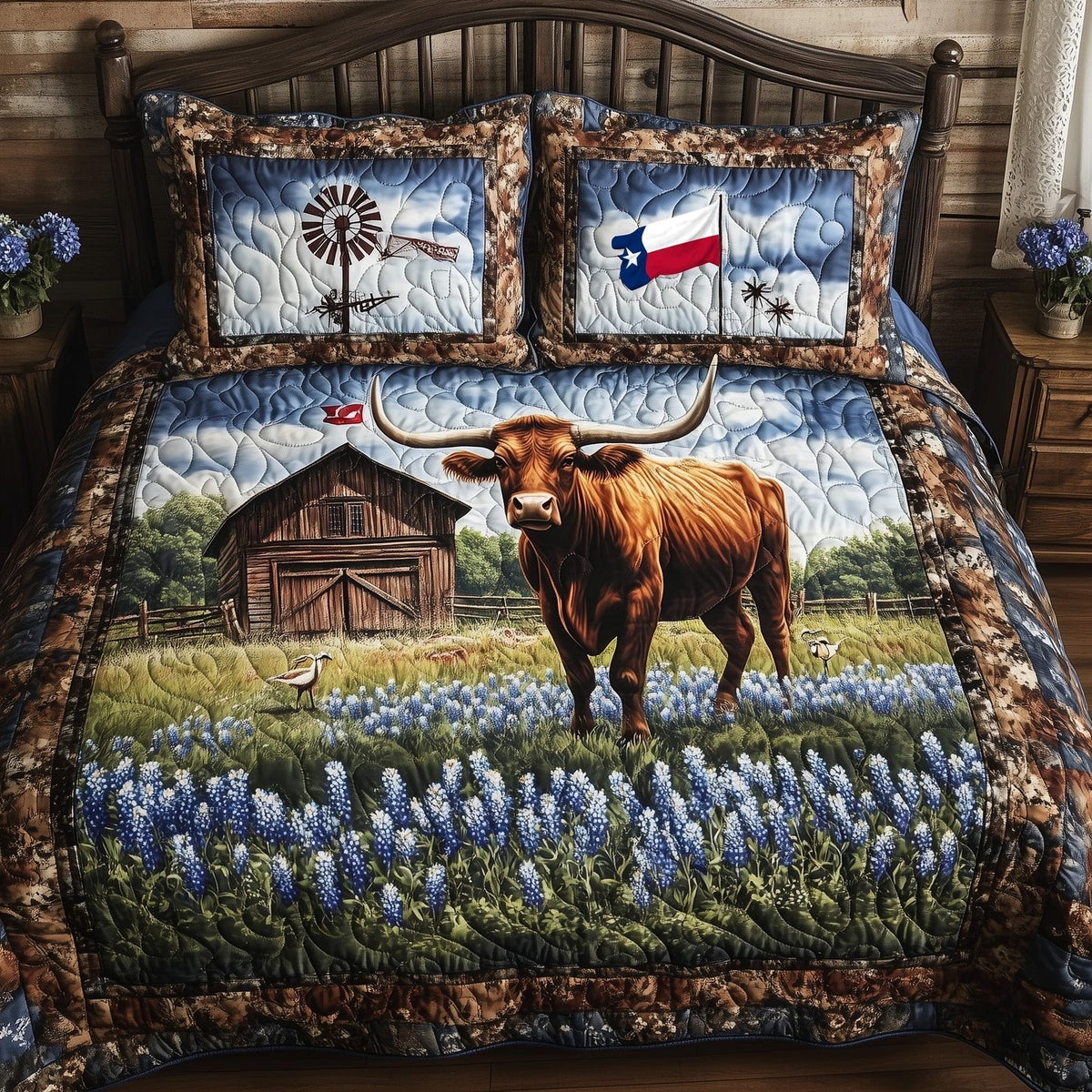 Longhorn Cattle quilted 3-piece bedding set on a made bed in a rustic timber bedroom