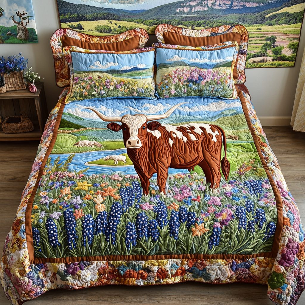 Longhorn Cow Glory quilted 3-piece bedding set on a made bed in a rustic timber bedroom