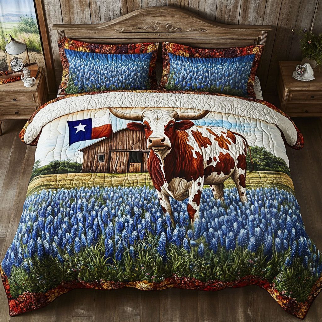 Longhorn Dreams quilted 3-piece bedding set on a made bed in a rustic timber bedroom