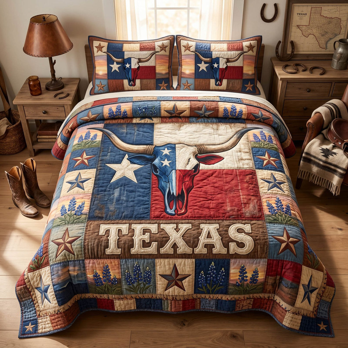Longhorn Legacy quilted 3-piece bedding set on a made bed in a rustic timber bedroom