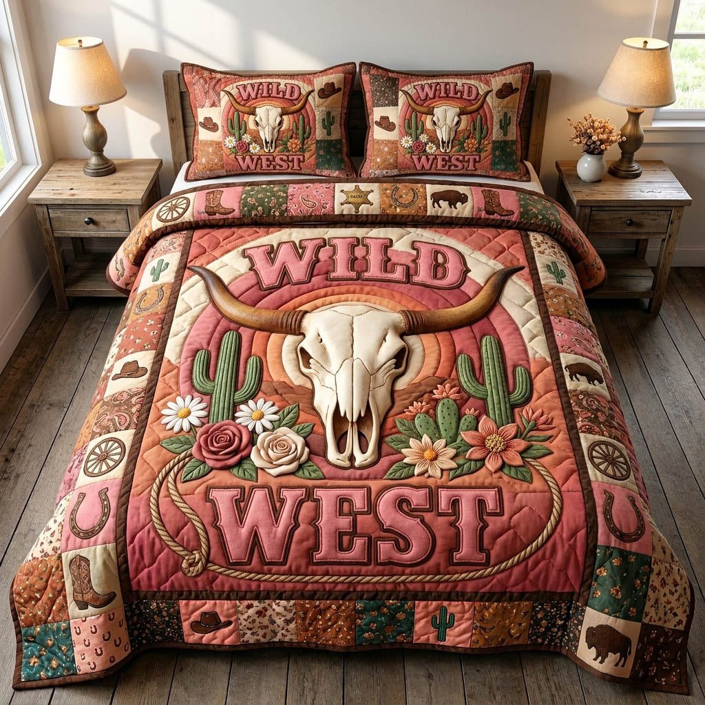 Longhorn Skull quilted 3-piece bedding set on a made bed against a dark styled interior