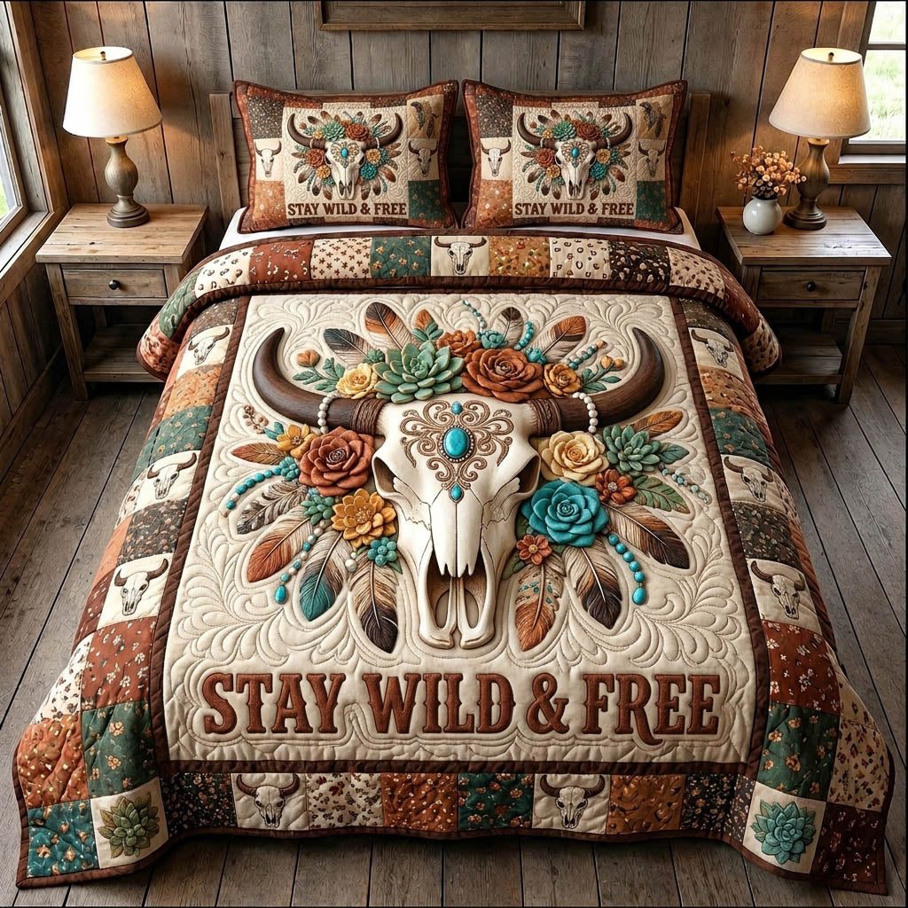 Longhorn Skull quilted 3-piece bedding set on a made bed against a dark styled interior