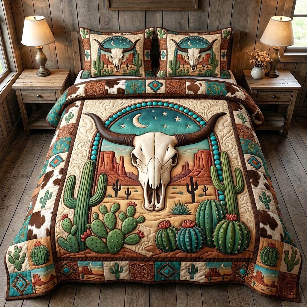 Longhorn Skull quilted 3-piece bedding set on a made bed against a dark styled interior