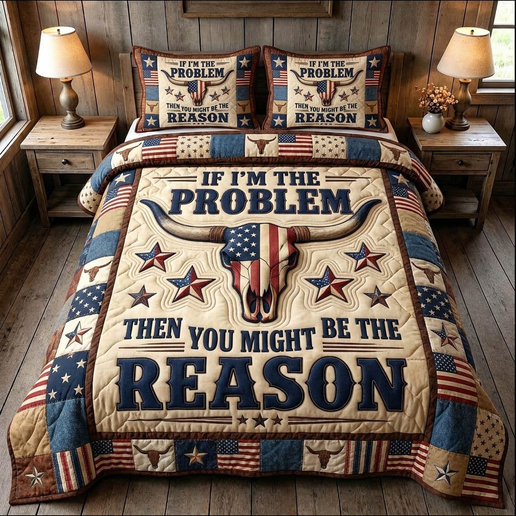 Longhorn Skull quilted 3-piece bedding set on a made bed against a dark styled interior