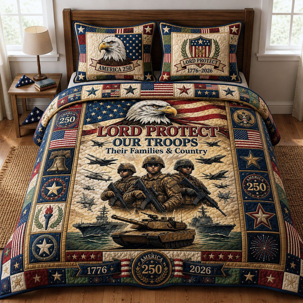 Lord Protect Our Troops quilted 3-piece bedding set on a made bed in a warmly lit bedroom