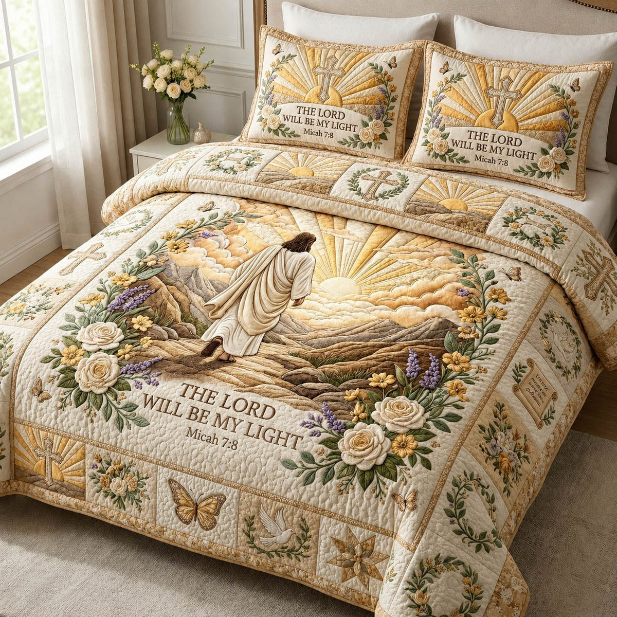 Lord Will Be My Light quilted 3-piece bedding set on a made bed in a softly lit bedroom