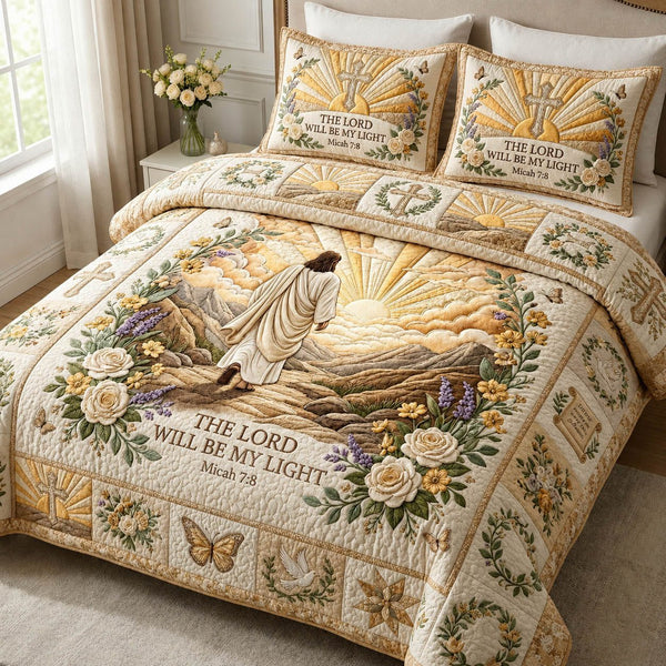 Lord Will Be My Light quilted 3-piece bedding set on a made bed in a softly lit bedroom