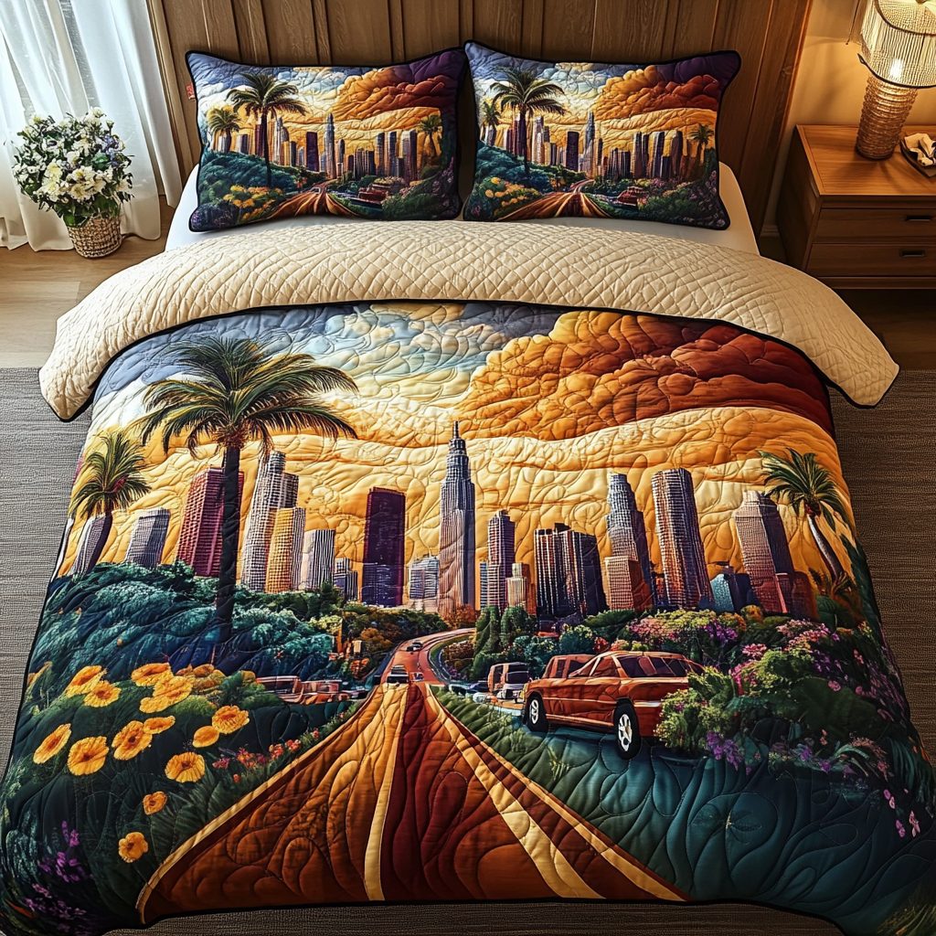 Los Angeles Horizon quilted 3-piece bedding set on a made bed in a softly lit bedroom