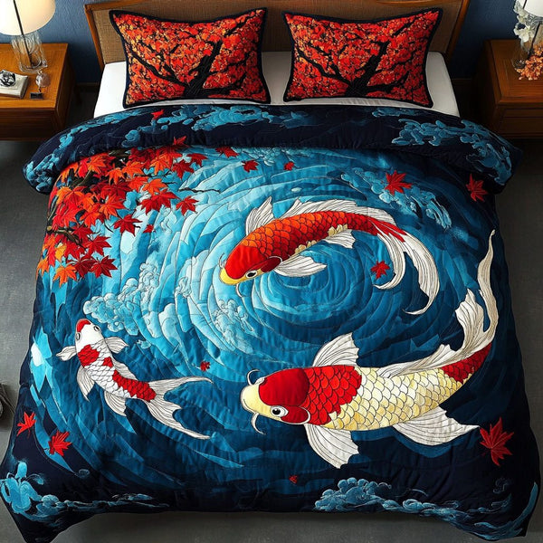 Lotus Dance quilted 3-piece bedding set on a made bed with two matching pillow shams