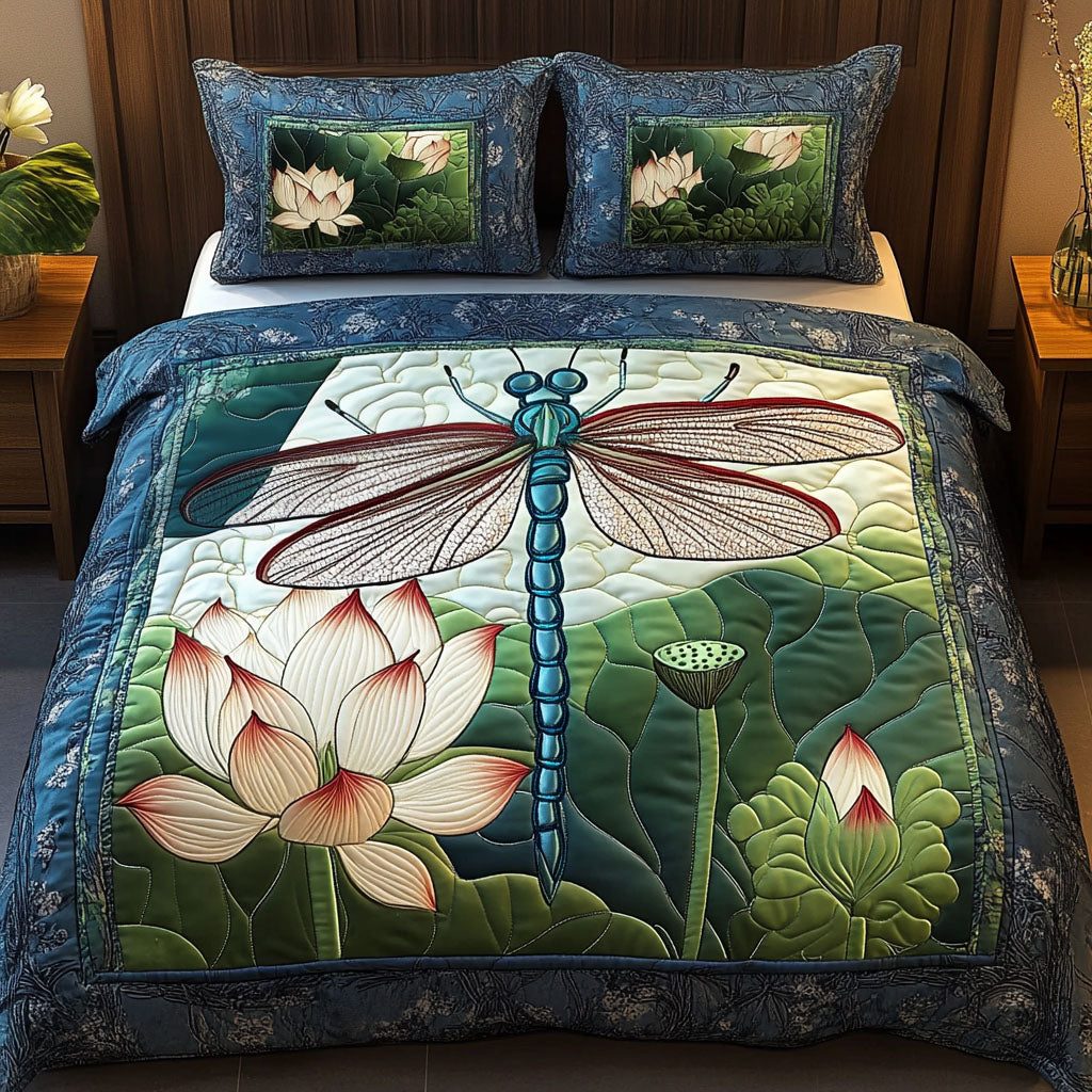 Lotus Serenity Dragonfly quilted 3-piece bedding set on a made bed with two matching pillow shams