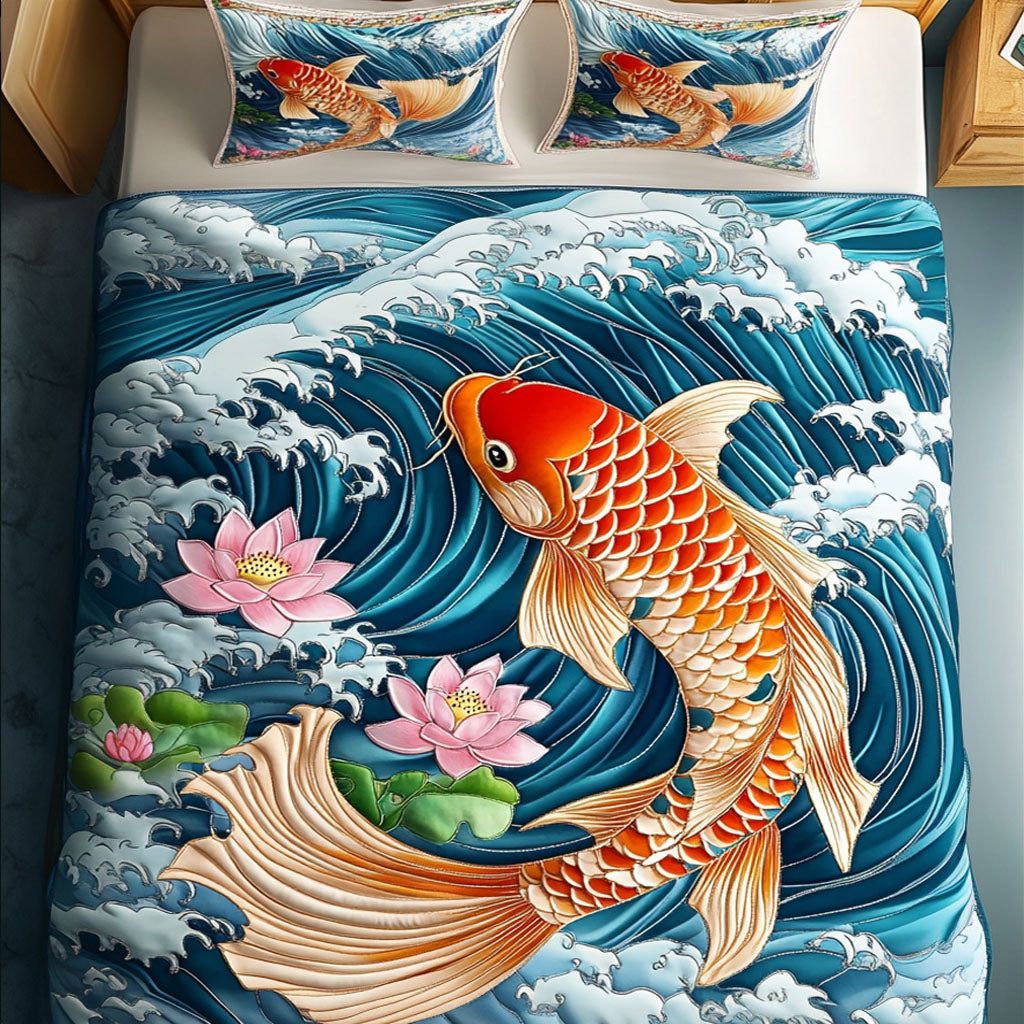 Lotus Waves quilted 3-piece bedding set on a made bed in a light coastal bedroom